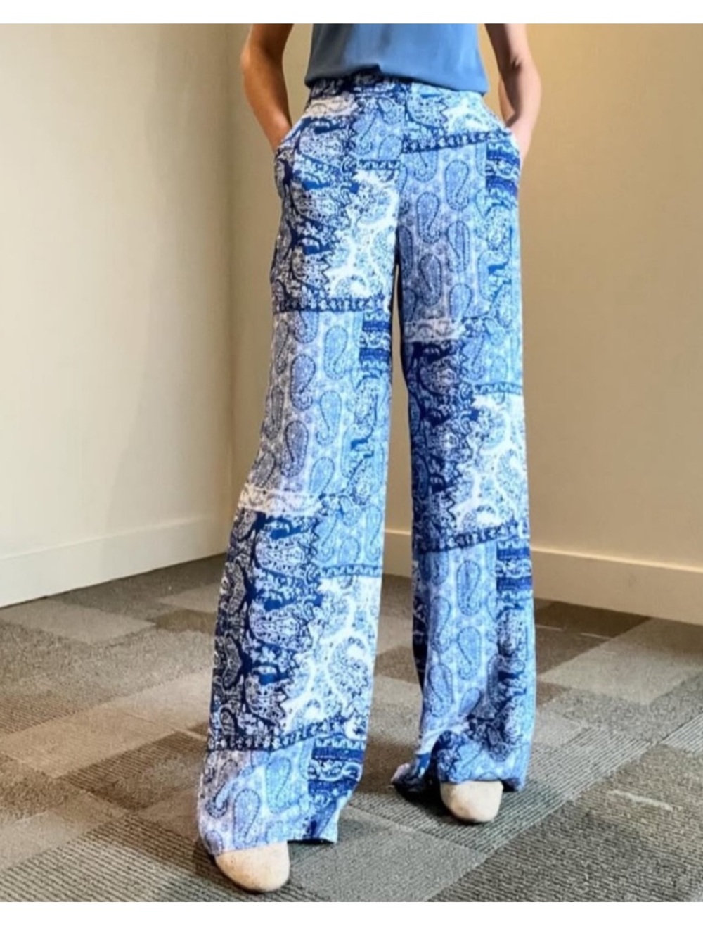 Zara Blue Paisley Patchwork Wide-Leg Pants